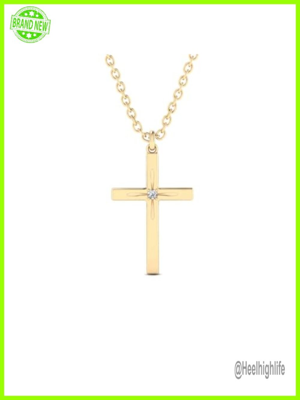 10K Solid Gold Diamond Cross Necklace 18 Inch Cable Chain Pendant